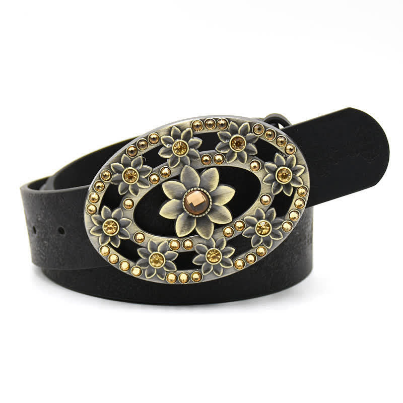 Women's Artificial Crystal Hollow Flower Buckle Leather Belt - Style #6 - Black - 44" - image 13