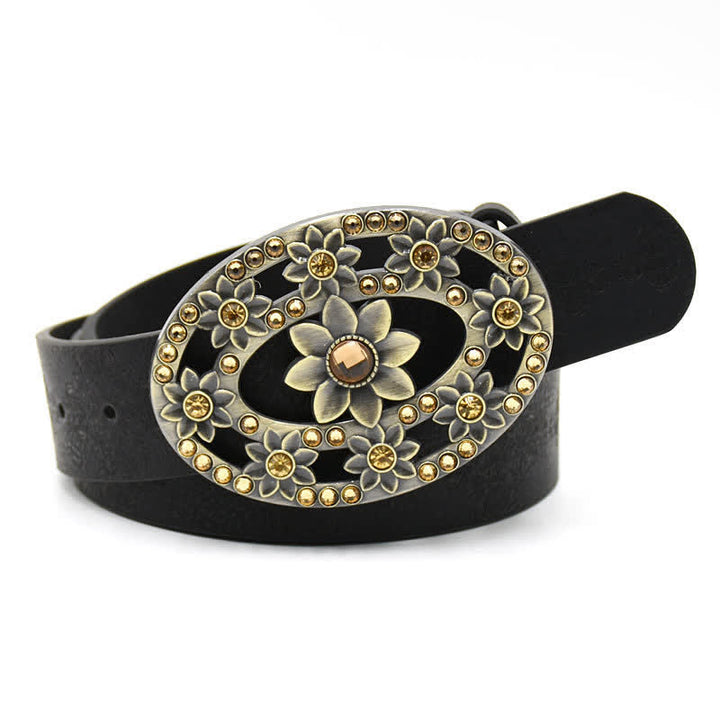 Women's Artificial Crystal Hollow Flower Buckle Leather Belt - Style #6 - Black - 44" - image 13