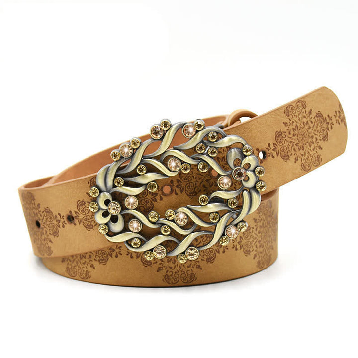 Women's Artificial Crystal Hollow Flower Buckle Leather Belt - Style #3 - Camel - 44" - image 6