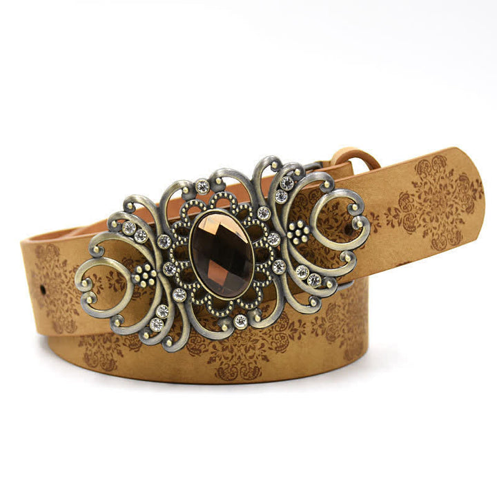 Women's Artificial Crystal Hollow Flower Buckle Leather Belt - Style #5 - Camel - 44" - image 10