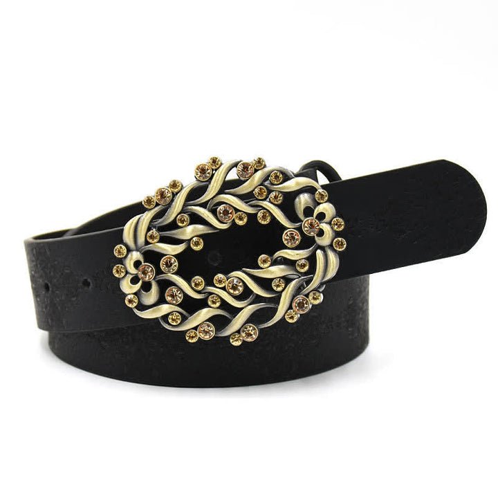 Women's Artificial Crystal Hollow Flower Buckle Leather Belt - Style #3 - Black - 44" - image 7