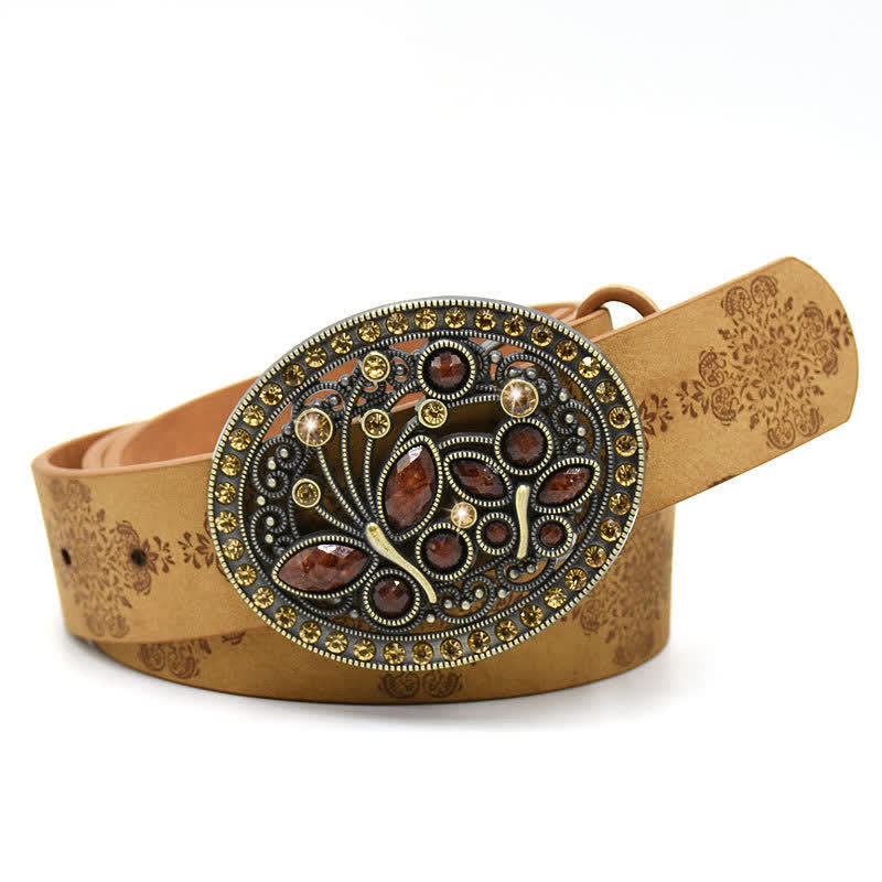 Women's Artificial Crystal Hollow Flower Buckle Leather Belt - Style #7 - Camel - 44" - image 14