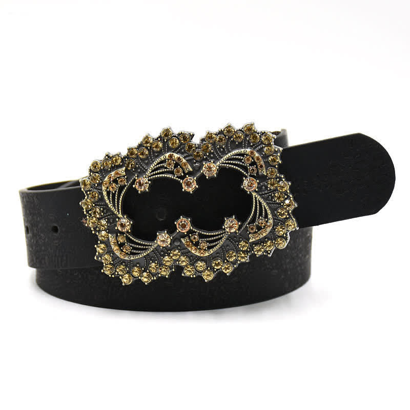 Women's Artificial Crystal Hollow Flower Buckle Leather Belt - Style #2 - Black - 44" - image 5