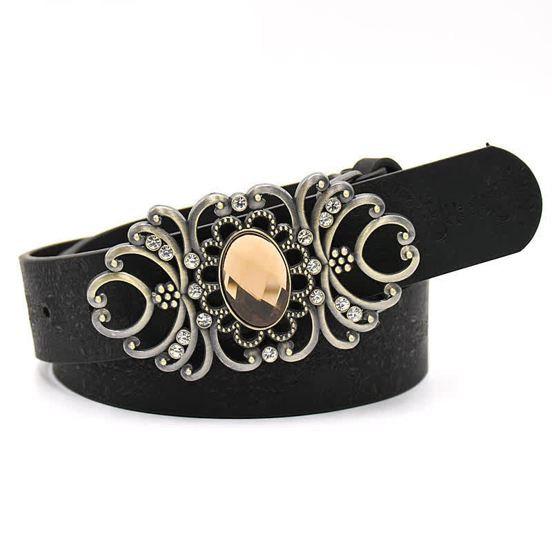 Women's Artificial Crystal Hollow Flower Buckle Leather Belt - Style #5 - Black - 44" - image 11