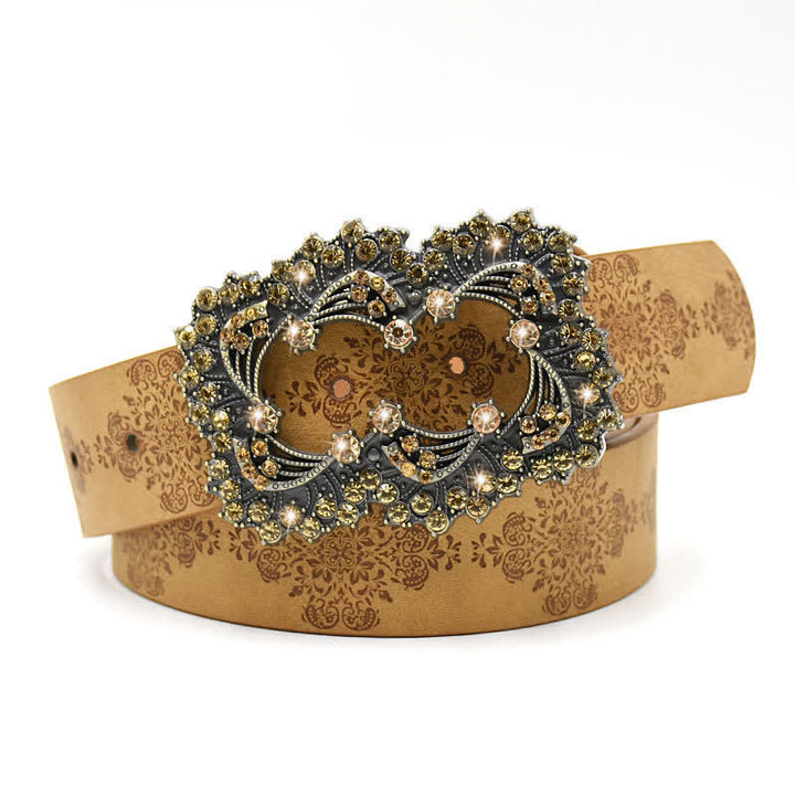 Women's Artificial Crystal Hollow Flower Buckle Leather Belt - Style #2 - Camel - 44" - image 4