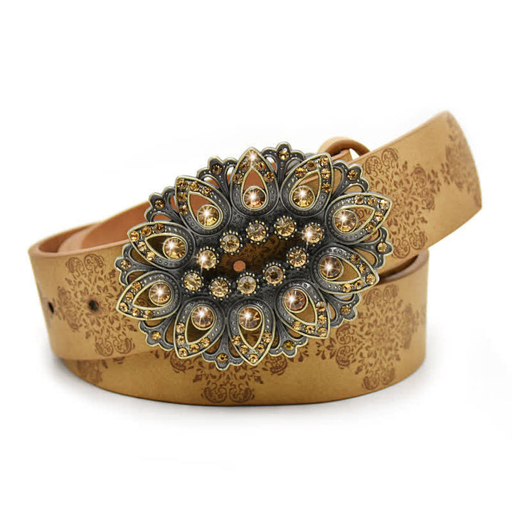 Women's Artificial Crystal Hollow Flower Buckle Leather Belt - Style #1 - Camel - 44" - image 0