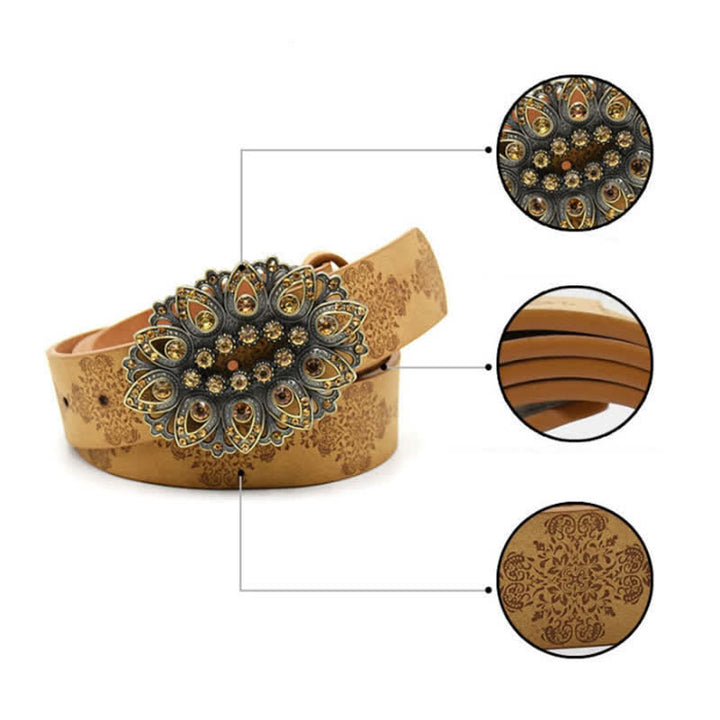 Women's Artificial Crystal Hollow Flower Buckle Leather Belt - image 2
