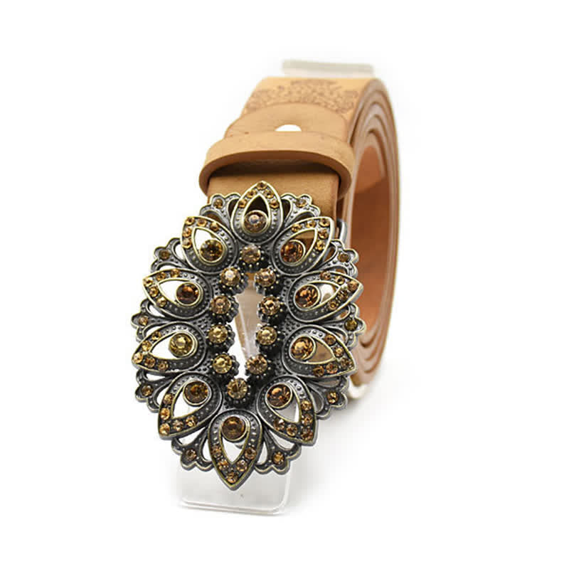 Women's Artificial Crystal Hollow Flower Buckle Leather Belt - image 1
