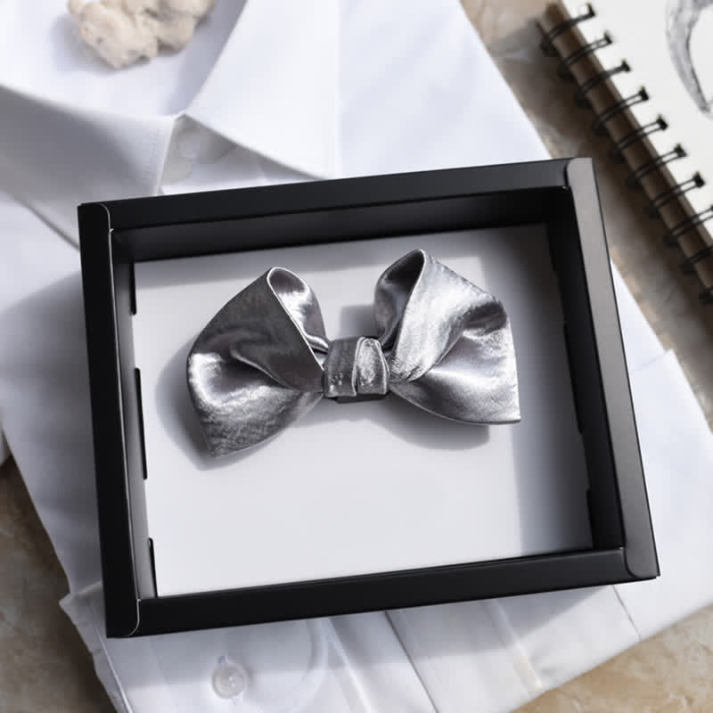 Men's Trendy Glossy Silver Gray Double Layered Bow Tie - Style #2 - image 5