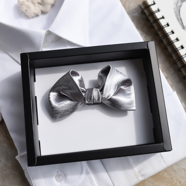 Men's Trendy Glossy Silver Gray Double Layered Bow Tie - Style #2 - image 5
