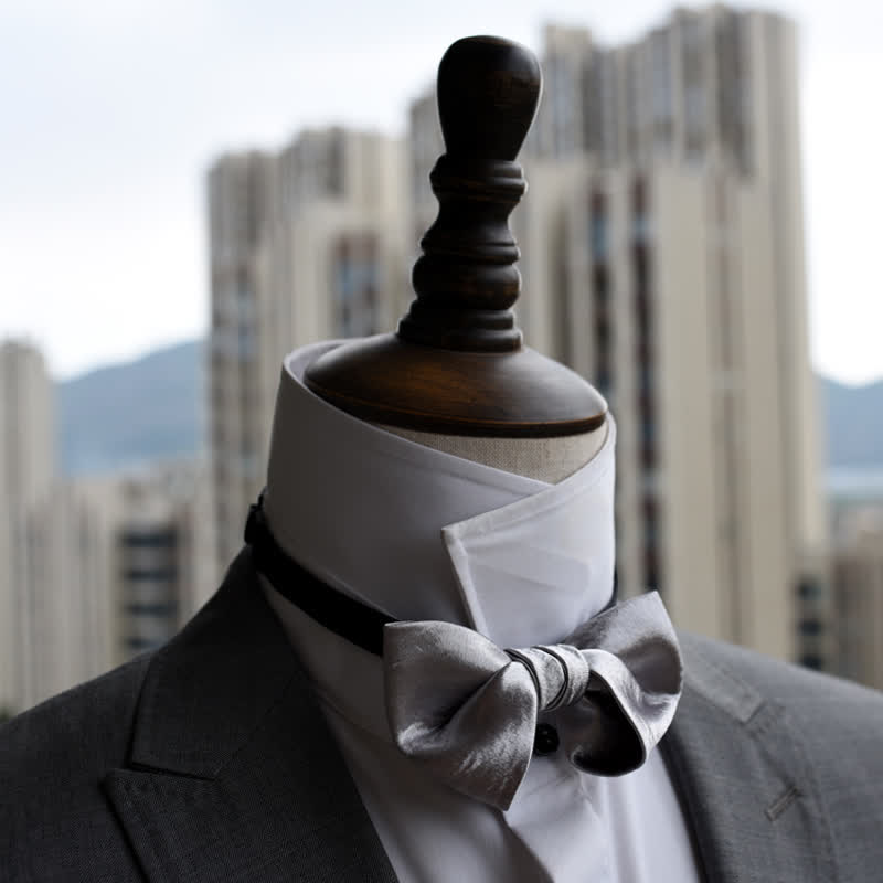 Men's Trendy Glossy Silver Gray Double Layered Bow Tie - image 6