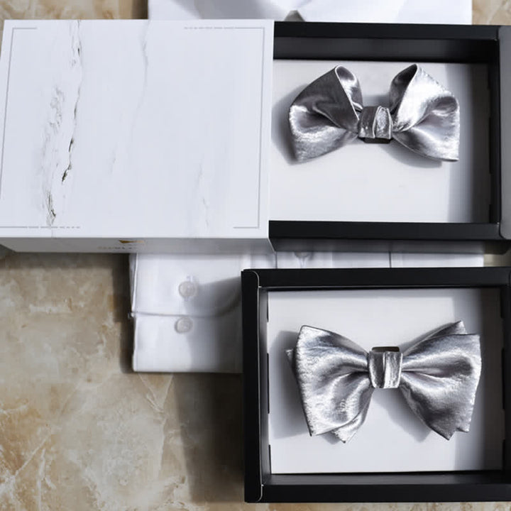 Men's Trendy Glossy Silver Gray Double Layered Bow Tie - image 4