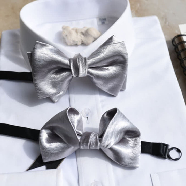 Men's Trendy Glossy Silver Gray Double Layered Bow Tie - image 3
