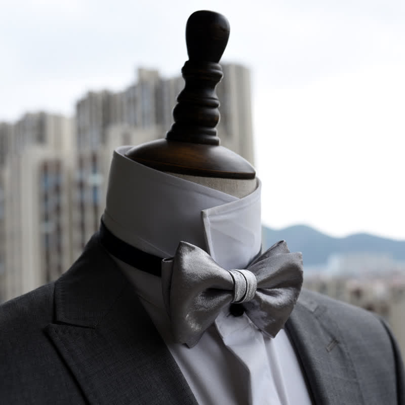 Men's Trendy Glossy Silver Gray Double Layered Bow Tie - image 1