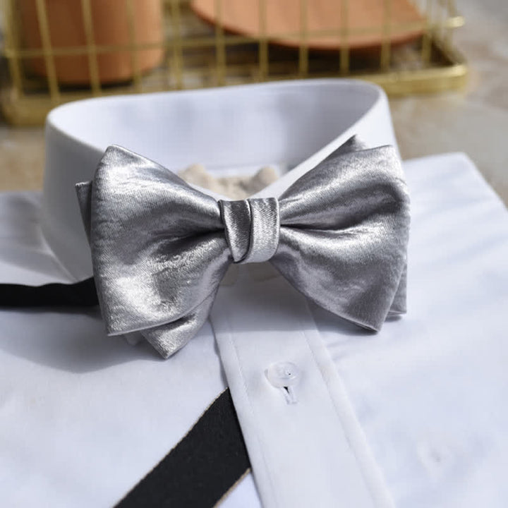Men's Trendy Glossy Silver Gray Double Layered Bow Tie - Style #1 - image 0