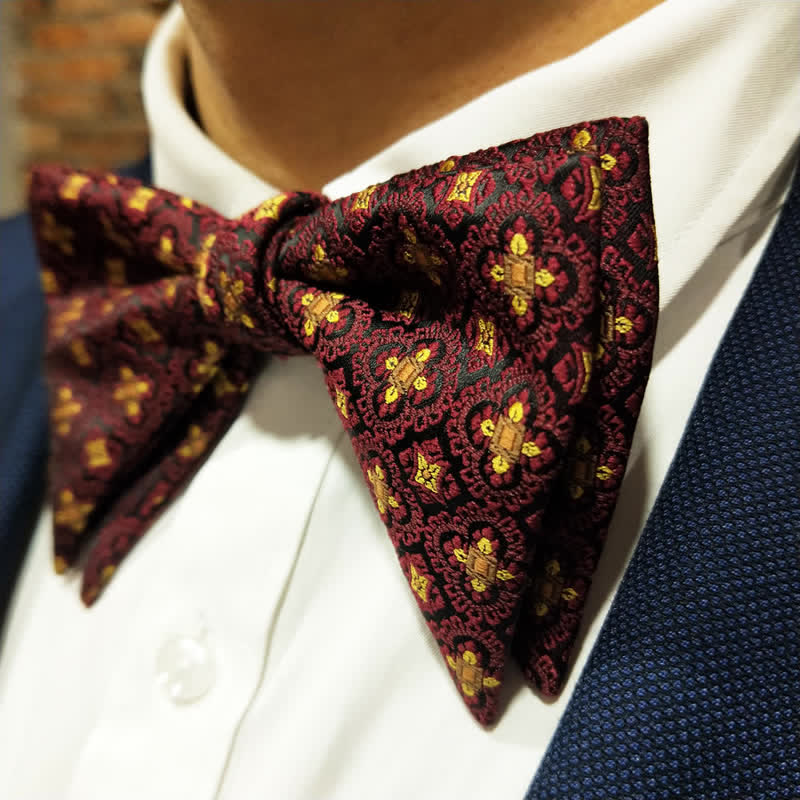 Men's Dark Red & Gold Embroidery Oversized Pointed Bow Tie - Bow Tie #1 - image 1