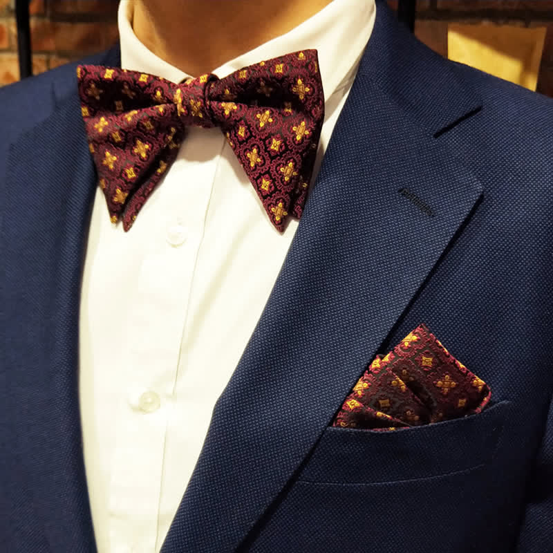 Men's Dark Red & Gold Embroidery Oversized Pointed Bow Tie - image 0
