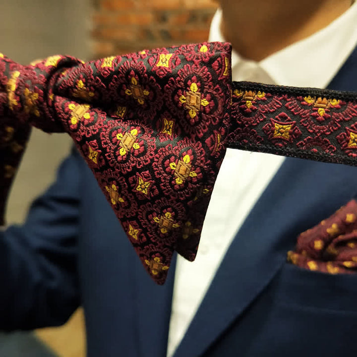 Men's Dark Red & Gold Embroidery Oversized Pointed Bow Tie - image 3