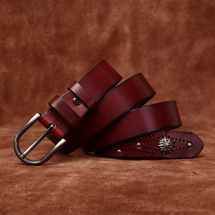 Metal Rivet Fashionable Casual Slim Leather Belt - Brown - 38 - image 0