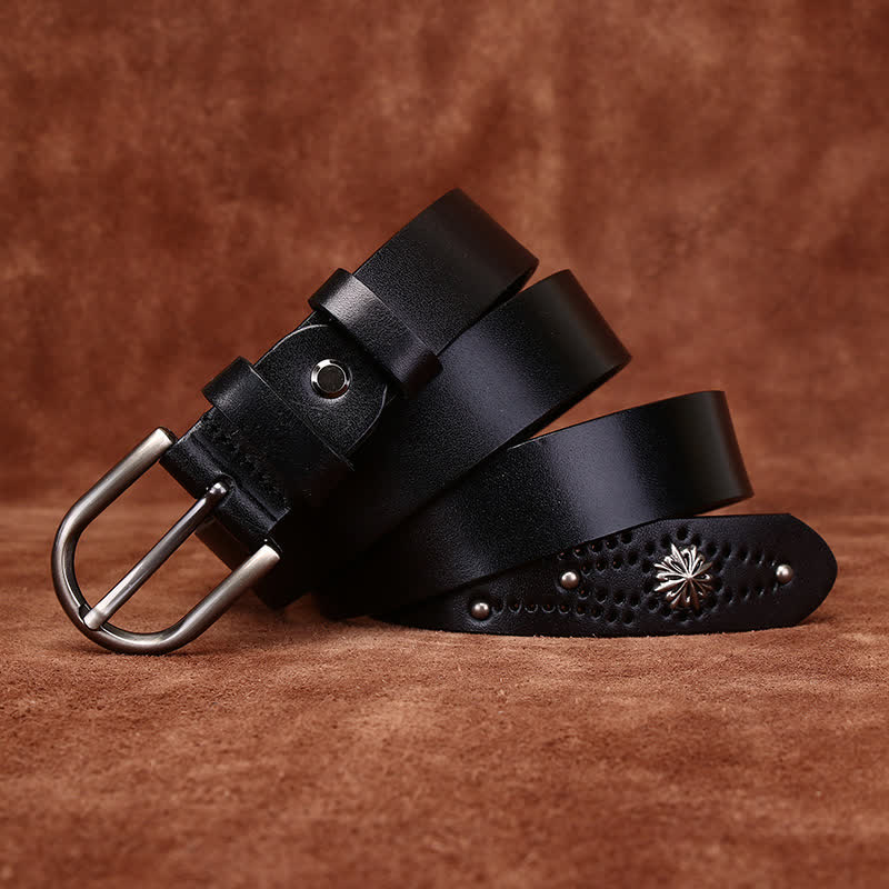 Metal Rivet Fashionable Casual Slim Leather Belt - Black - 38 - image 5