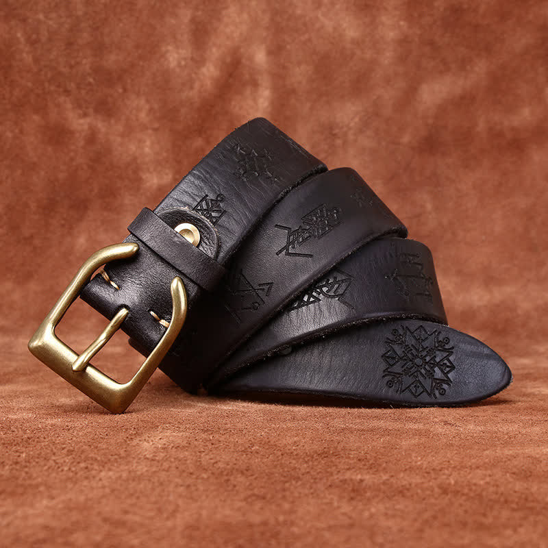 Viking Totem Embossed Thicken Leather Belt - Black - 46 - image 8