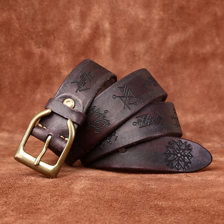 Viking Totem Embossed Thicken Leather Belt - Coffee - 46 - image 5