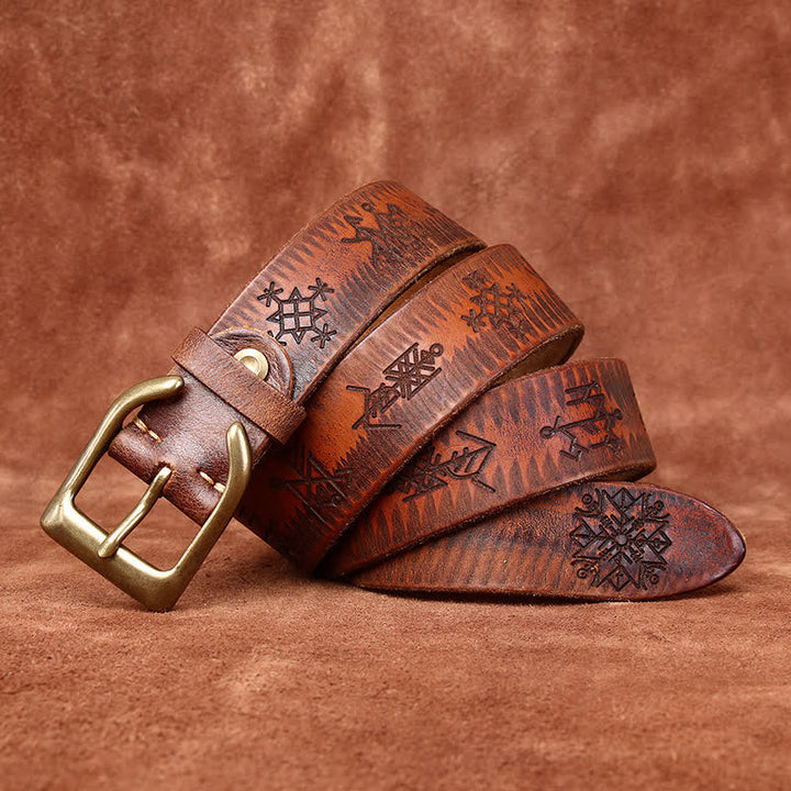 Viking Totem Embossed Thicken Leather Belt - Orange - 46 - image 0