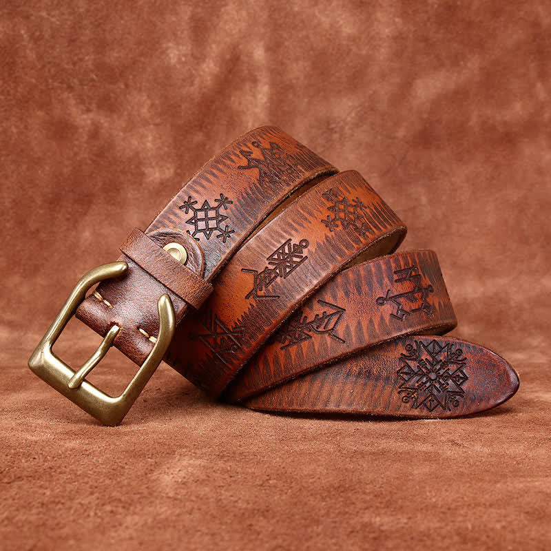 Viking Totem Embossed Thicken Leather Belt - Orange - 46 - image 0
