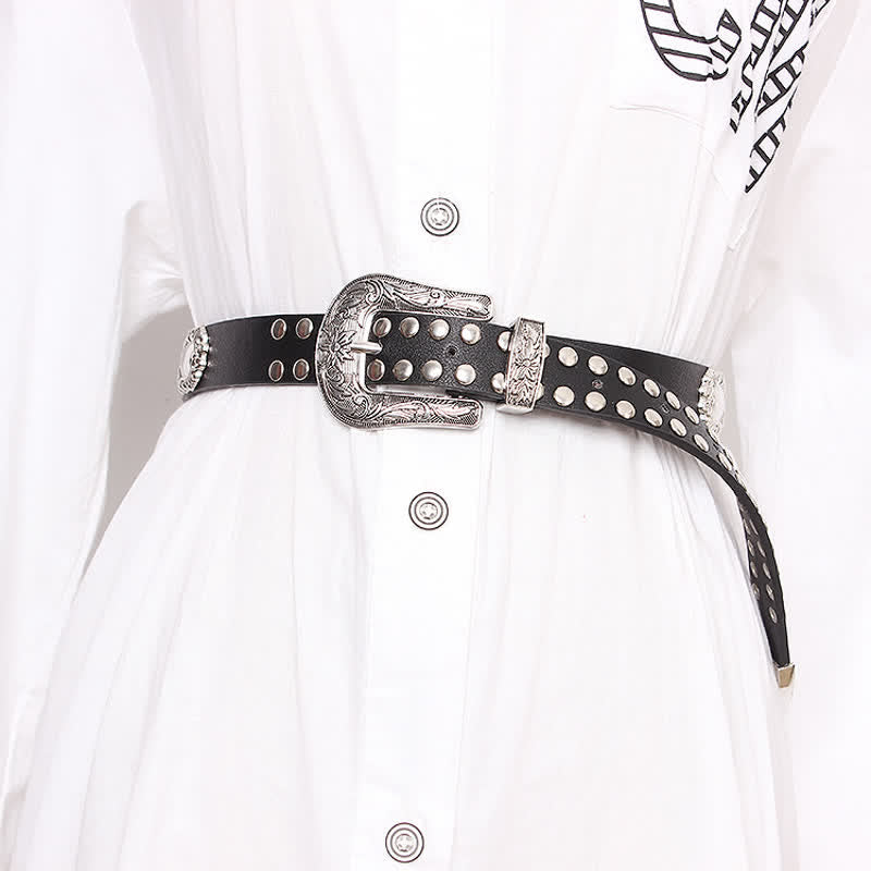 Women's Edgy Silver Rivets Carved Floral Leather Belt - image 1