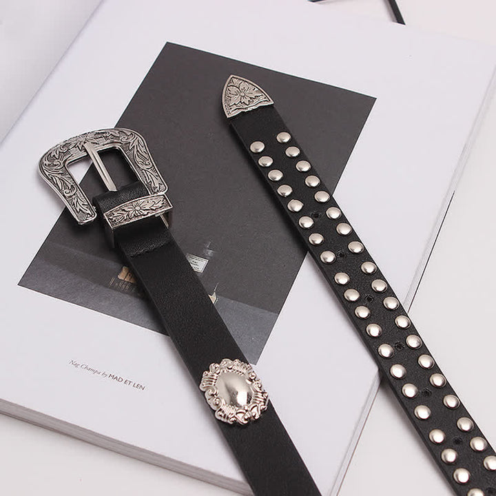 Women's Edgy Silver Rivets Carved Floral Leather Belt - image 4