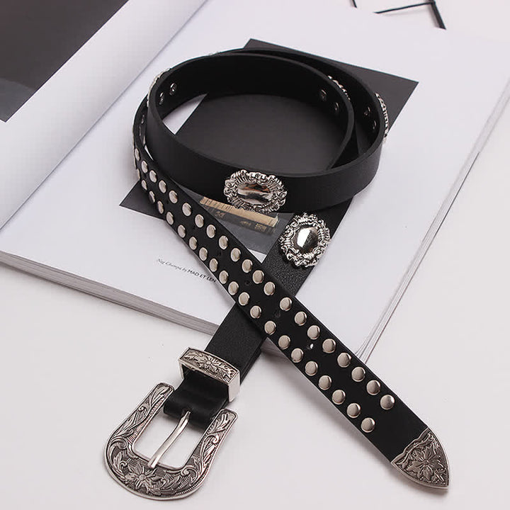 Women's Edgy Silver Rivets Carved Floral Leather Belt - image 3