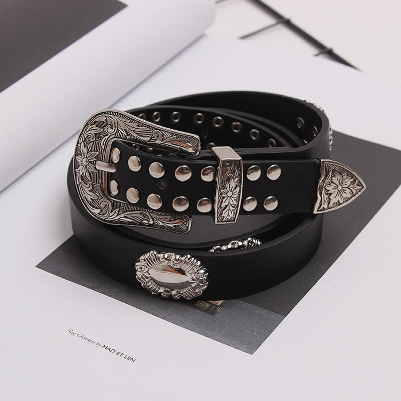Women's Edgy Silver Rivets Carved Floral Leather Belt - Black - 36 - image 0