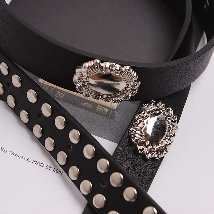 Women's Edgy Silver Rivets Carved Floral Leather Belt - image 5