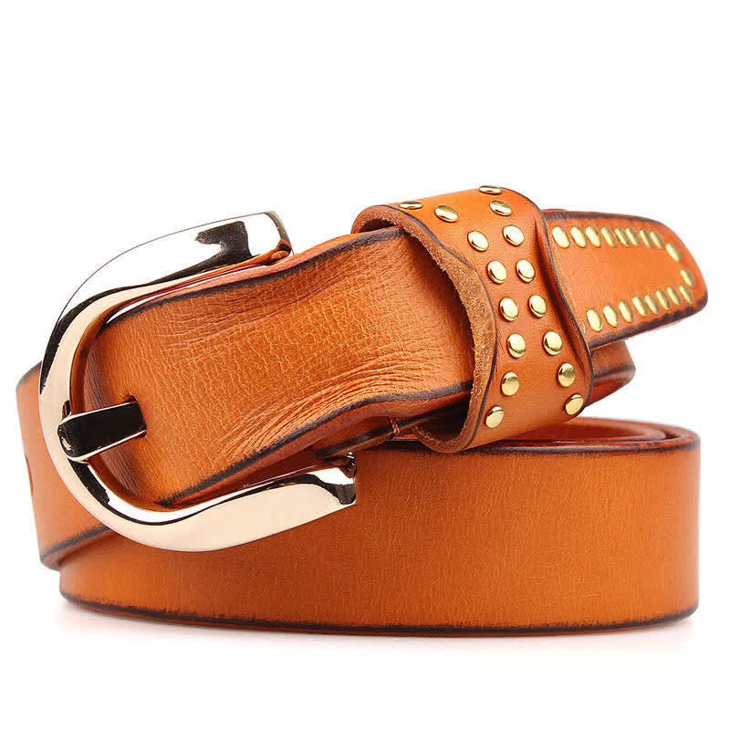 Metal Studded Rock Heavy Duty Rivets Leather Belt - Orange - 44 - image 14