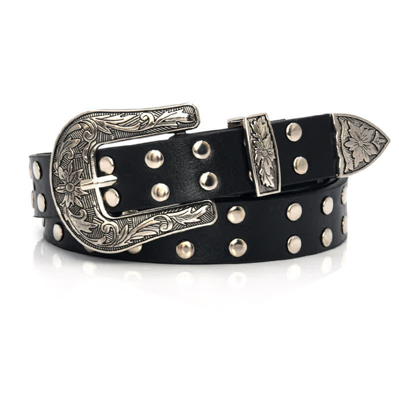 Women's Double Row Studded Rivets PU Leather Belt - Black - 34 - image 0