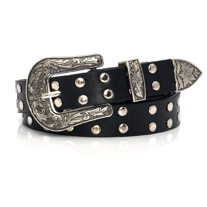 Women's Double Row Studded Rivets PU Leather Belt - Black - 34 - image 0