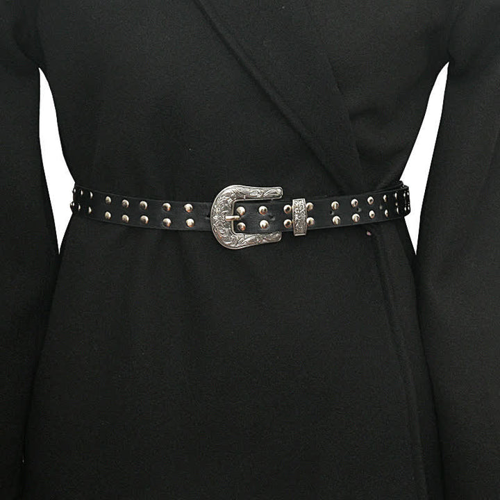 Women's Double Row Studded Rivets PU Leather Belt - image 1