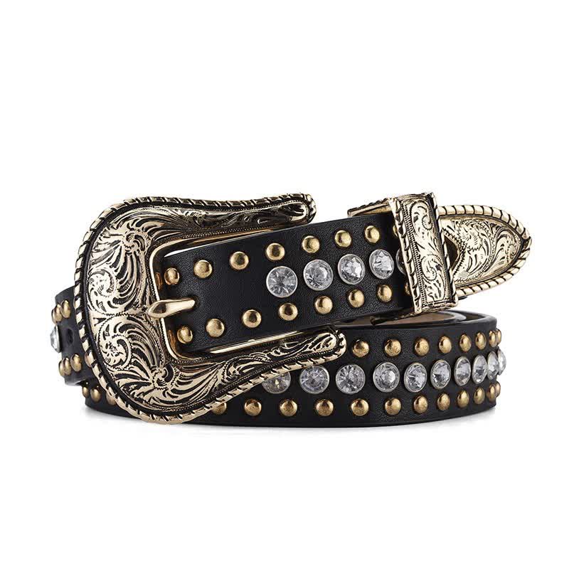 Women's Fashion Luxury Rhinestone Rivets Leather Belt - Black - 36 - image 0