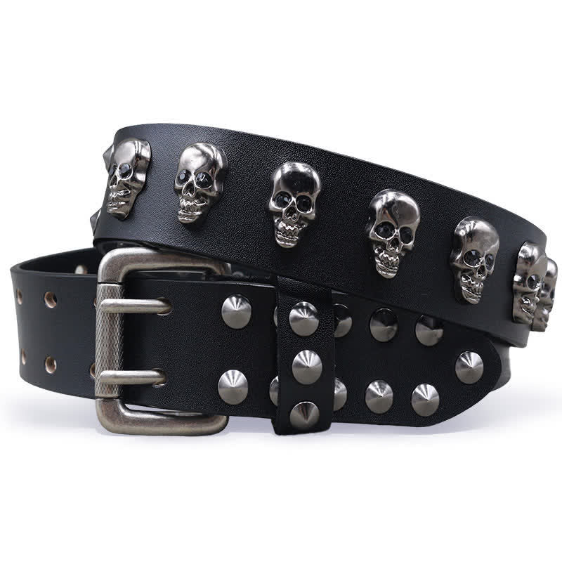Hip Hop Skull Rivets Double Pin Leather Belt - Black - 44 - image 0