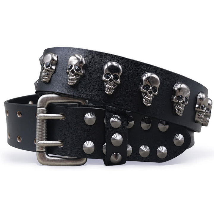 Hip Hop Skull Rivets Double Pin Leather Belt - Black - 44 - image 0