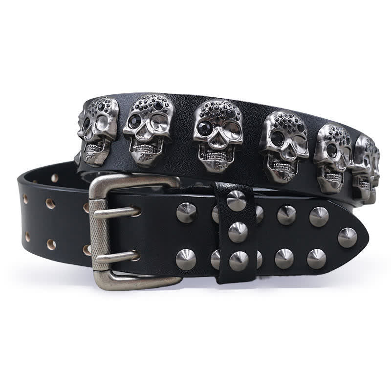Biker Casual Skulls Rivets Double Pin Leather Belt - Black - 44 - image 0