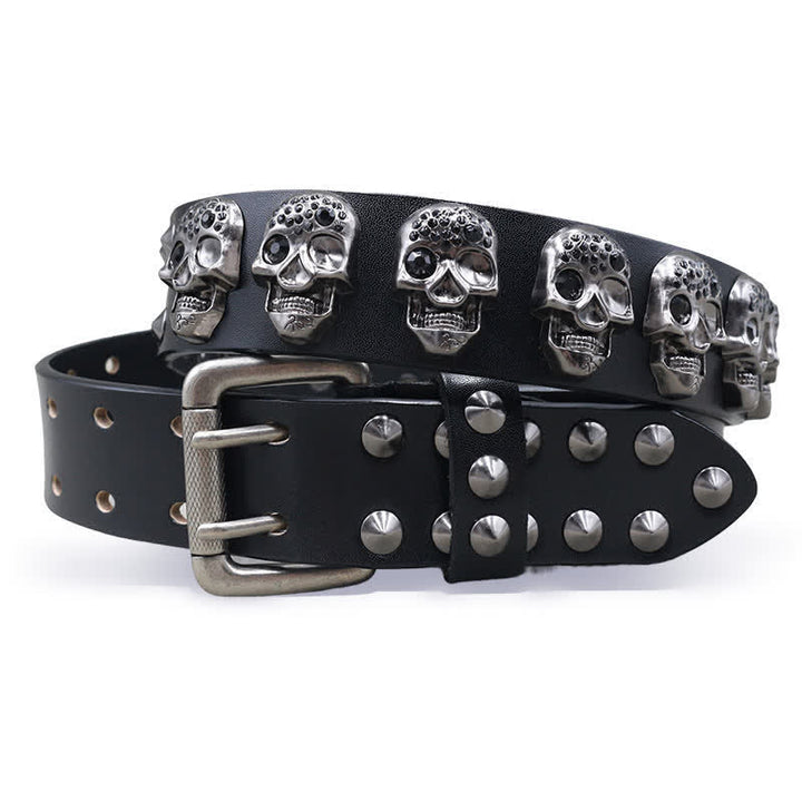 Biker Casual Skulls Rivets Double Pin Leather Belt - Black - 44 - image 0
