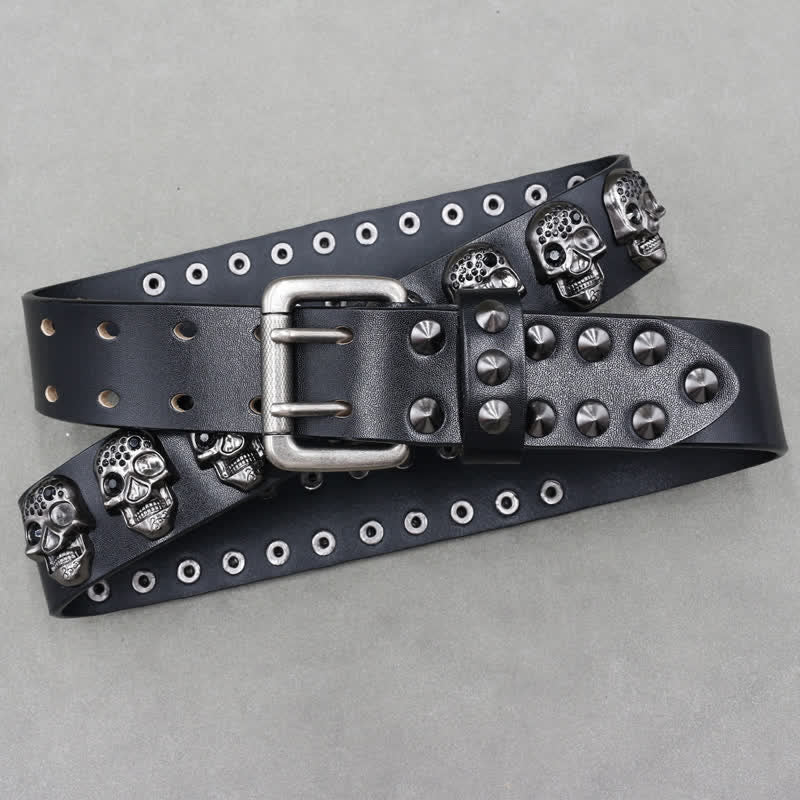 Biker Casual Skulls Rivets Double Pin Leather Belt - image 3