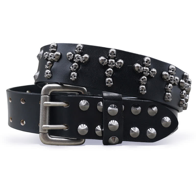 Cross Shape Skull Heads Rivets Double Pin Leather Belt - Black - 44 - image 0