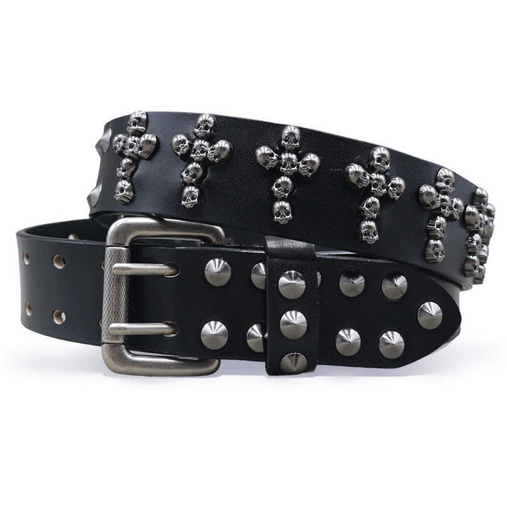 Cross Shape Skull Heads Rivets Double Pin Leather Belt - Black - 44 - image 0