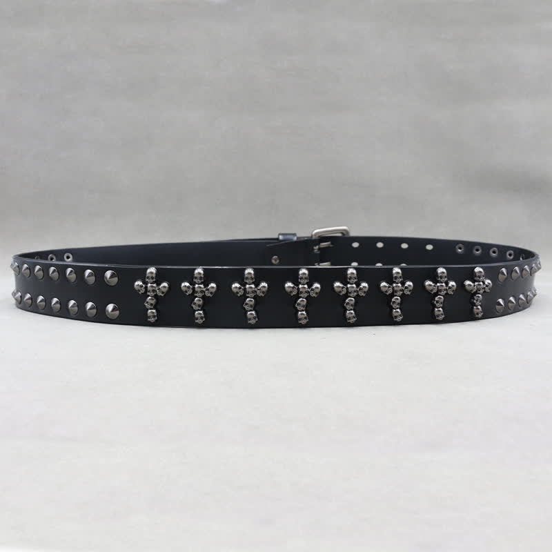 Cross Shape Skull Heads Rivets Double Pin Leather Belt - image 5