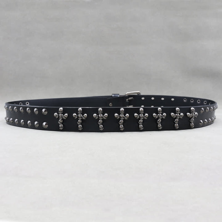 Cross Shape Skull Heads Rivets Double Pin Leather Belt - image 5