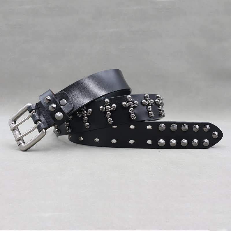Cross Shape Skull Heads Rivets Double Pin Leather Belt - image 2