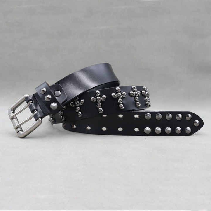 Cross Shape Skull Heads Rivets Double Pin Leather Belt - image 2