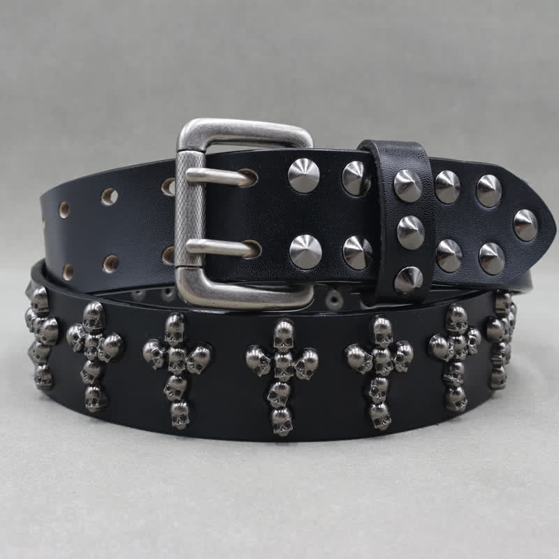 Cross Shape Skull Heads Rivets Double Pin Leather Belt - image 1